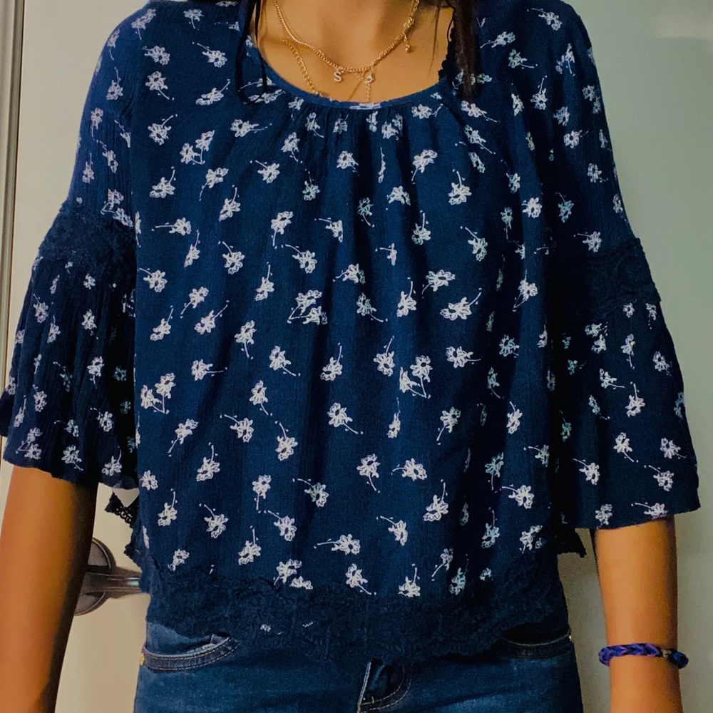 Aeropostal Blouse-Navy Blue, White Flower Pattern- Flared Sleeves